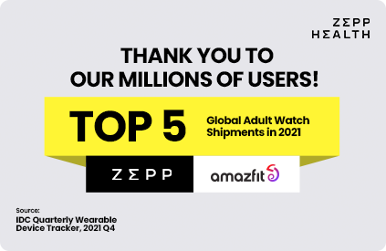 ZEPP HEALTH RANKED TOP FIVE IN GLOBAL SMARTWATCH SHIPMENTS IN 2021