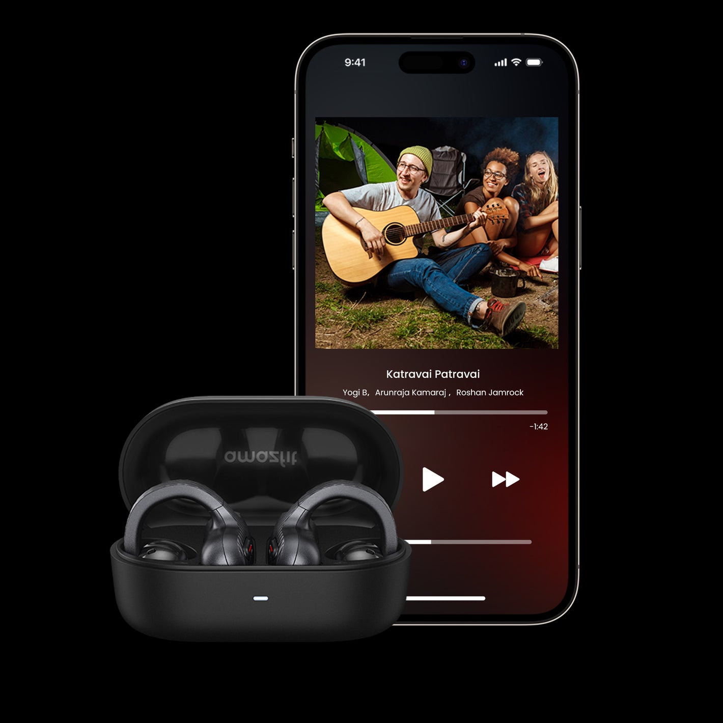 Wireless earbuds in a case with a smartphone displaying a music app interface.