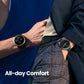 Two people wearing smartwatches with 'All-day Comfort' text overlay.