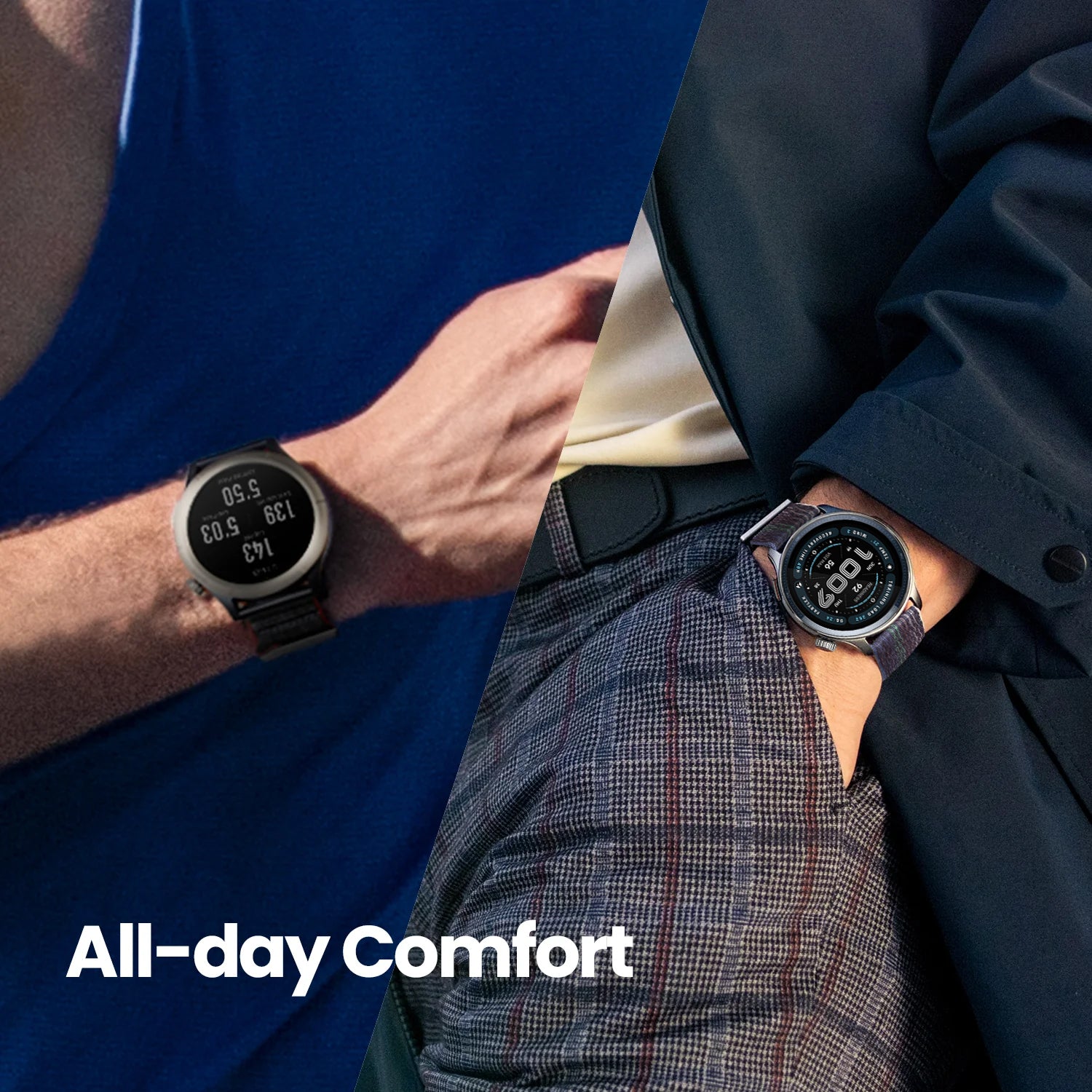 Two people wearing smartwatches with 'All-day Comfort' text overlay.