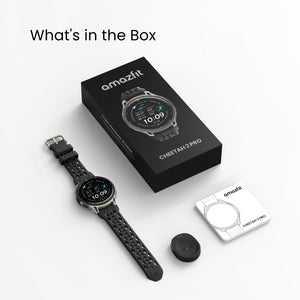 Amazfit Cheetah 2 Pro box contents: watch, black strap, charging puck, instruction booklet and packaging.