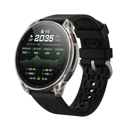 Amazfit Cheetah 2 Ultra angled view with a black perforated strap and elevation graph on its display.