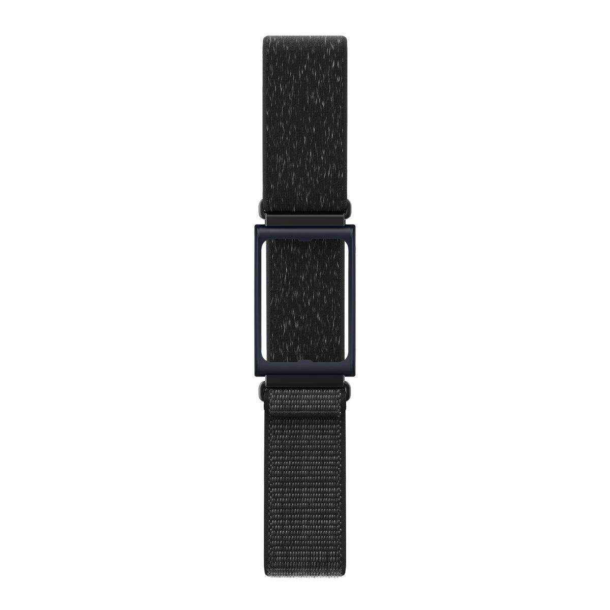Black Helio armband laid flat with a rectangular sensor holder and adjustable fastening.