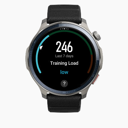 Smartwatch with a black leather strap displaying training load information on a white background