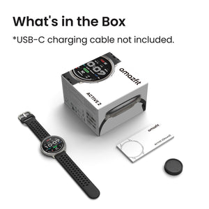 Active 2 Round box contents: watch with black strap, booklet and charging base; USB-C charging cable not included.