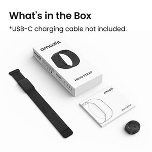 Helio Strap box contents: black band, booklet and charging dock. USB-C charging cable not included.
