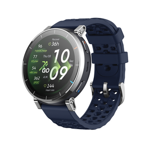 Amazfit Active 3 Premium with silver bezel and perforated dark blue strap, shown at a three-quarter angle.