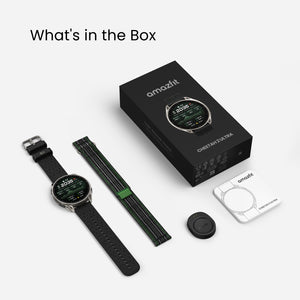 Amazfit Cheetah 2 Ultra box contents: watch, extra woven strap, charging puck, booklet and packaging.