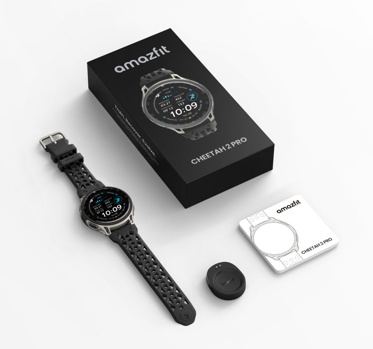 Amazfit Cheetah 2 Pro box contents with watch charging head and manual