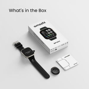 Bip Max box contents: watch with black strap, charging base, booklet and packaging.